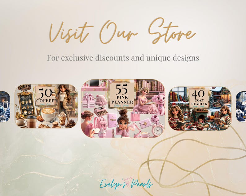 May include: A collage of three images featuring different designs for planners and journals. The first image features a coffee theme with the text "50+ Coffee". The second image features a pink planner with the text "55 Pink Planner". The third image features a cozy reading theme with the text "40 Cozy Reading".