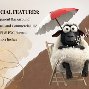 May include: A black and white sheep cartoon character wearing a white fluffy coat sits on a wooden chair under a red and white striped umbrella. The background is a brown and beige watercolor wash.