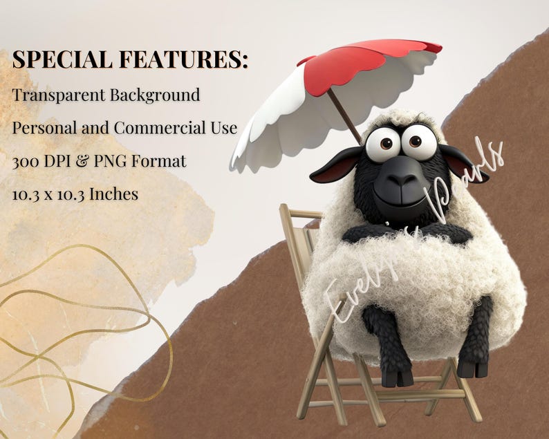 May include: A black and white sheep cartoon character wearing a white fluffy coat sits on a wooden chair under a red and white striped umbrella. The background is a brown and beige watercolor wash.