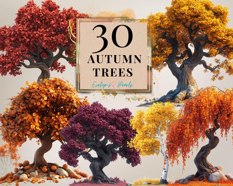 Op de afbeelding: Een verzameling van 30 herfstbomen in verschillende kleuren, waaronder rood, oranje, geel en paars. De bomen zijn afgebeeld in een gestileerde, fantasierijke stijl, met ingewikkelde details en texturen. De afbeelding bevat de tekst "30 Autumn Trees" en "Evelynn's Pearls".