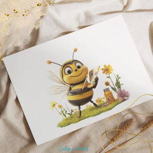 May include: A cartoon bee holding a paint palette and paintbrush, standing in a field of flowers. The bee is yellow and black with a friendly smile.