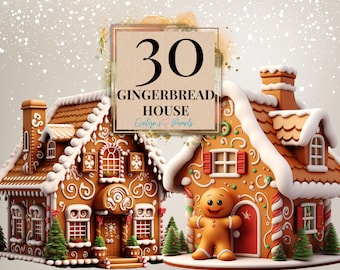 May include: Two gingerbread houses decorated with candy and frosting. One house has a gingerbread man standing in front of the door. The text "30 Gingerbread House Evelyn's Pearls" is on a brown background.
