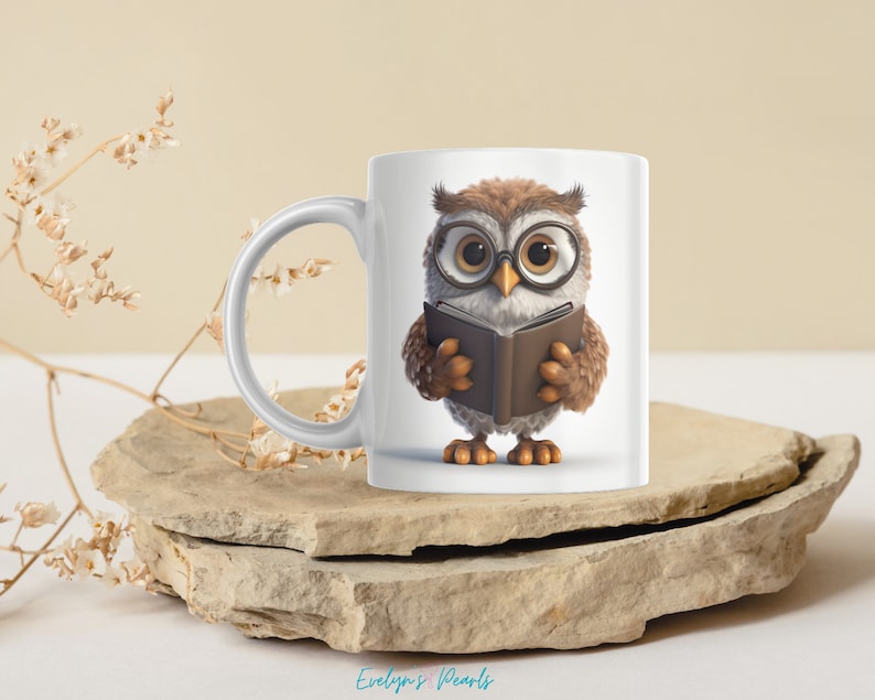 May include: White ceramic mug with a brown owl wearing glasses and holding a book. The owl is looking at the book.
