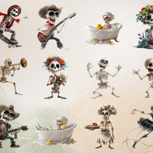 May include: A collection of ten digital images featuring skeletons in various poses and settings. The skeletons are depicted in a whimsical and humorous style, engaging in activities such as playing music, taking a bath, and playing with a ball. The images are perfect for use in digital scrapbooking, card making, and other creative projects.