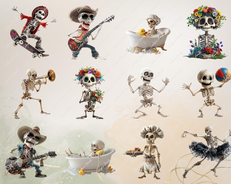 May include: A collection of ten digital images featuring skeletons in various poses and settings. The skeletons are depicted in a whimsical and humorous style, engaging in activities such as playing music, taking a bath, and playing with a ball. The images are perfect for use in digital scrapbooking, card making, and other creative projects.