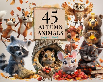 May include: A collection of 45 autumn animal illustrations, including a raccoon, fox, owl, bear, deer, squirrel, rabbit, cat, and hedgehog. The image features a variety of animals with fall foliage and the text "45 Autumn Animals".