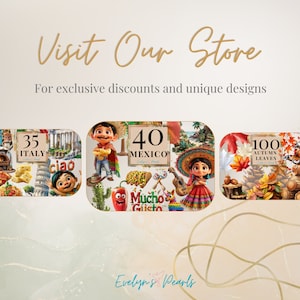 May include: Four colorful digital collage designs featuring various images and text. The first design features images of Italy, including the Leaning Tower of Pisa, pizza, and a pizza oven. The second design features images of Mexico, including a sombrero, a guitar, and a chili pepper. The third design features images of autumn leaves, acorns, and logs. The fourth design features a blue bird with a yellow beak. The text on the designs reads "35 ITALY", "40 MEXICO", "100 AUTUMN LEAVES", and "Evelyn's Pearls".