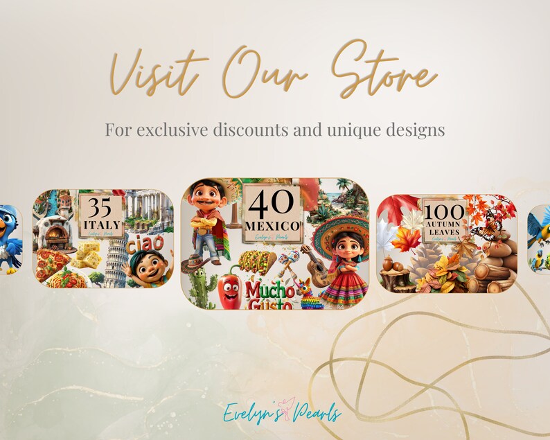 May include: Four colorful digital collage designs featuring various images and text. The first design features images of Italy, including the Leaning Tower of Pisa, pizza, and a pizza oven. The second design features images of Mexico, including a sombrero, a guitar, and a chili pepper. The third design features images of autumn leaves, acorns, and logs. The fourth design features a blue bird with a yellow beak. The text on the designs reads "35 ITALY", "40 MEXICO", "100 AUTUMN LEAVES", and "Evelyn's Pearls".