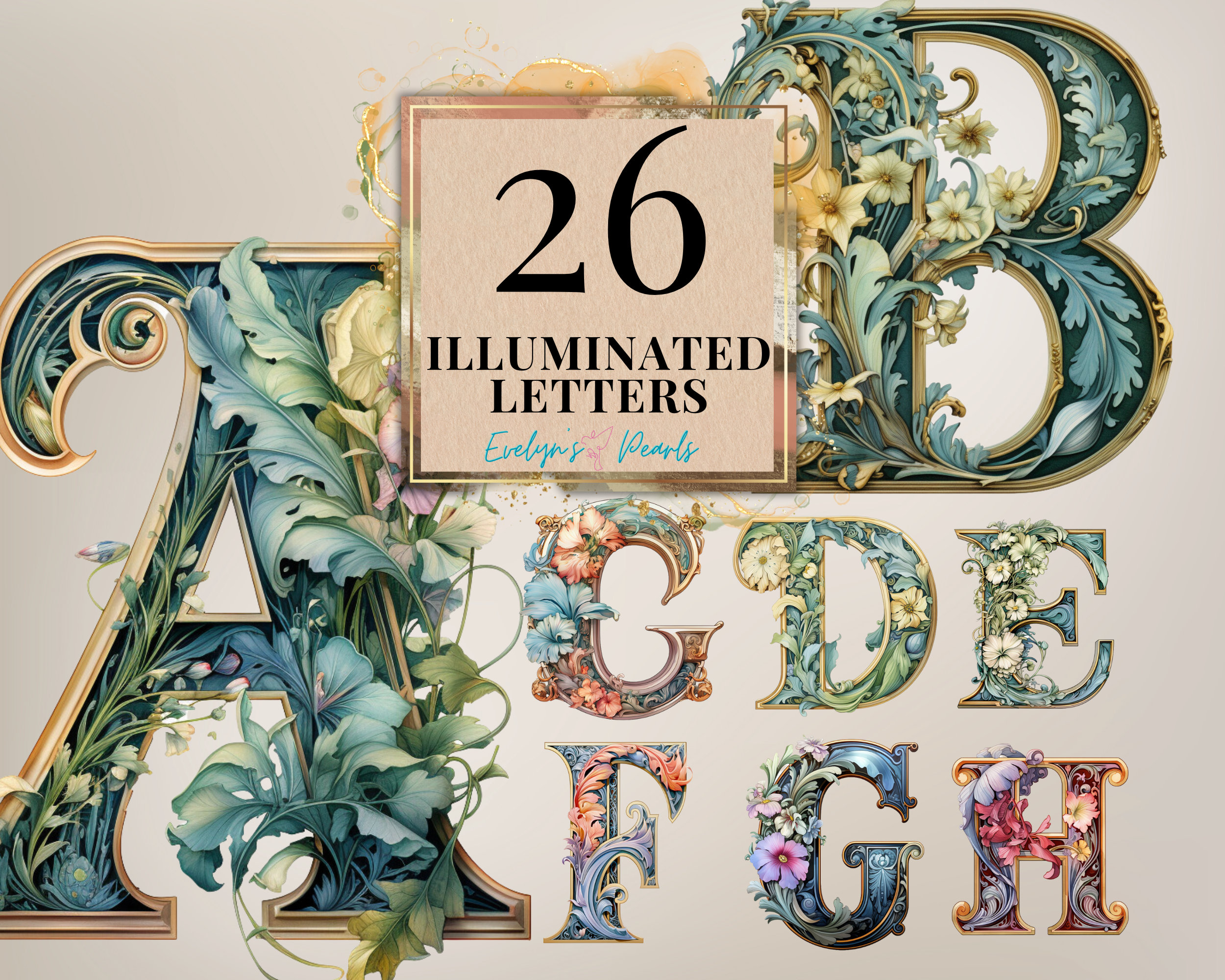 Illuminated Letters Clipart Bundle Card Clipart 26 English Alphabet Clipart Floral Clipart Letters PNG | Commercial Use Clipart Transparent
