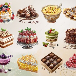 May include: Assortment of sweet treats including a chocolate cake, a lemon meringue pie, a strawberry cake, a chocolate-covered crepe, a chocolate truffle box, a raspberry mousse dessert, a tiramisu, a pavlova, and a pudding.