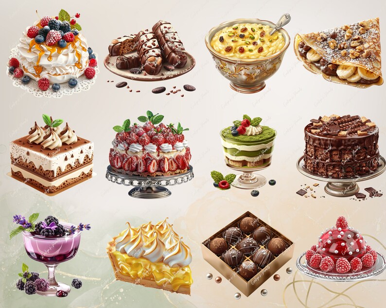 May include: Assortment of sweet treats including a chocolate cake, a lemon meringue pie, a strawberry cake, a chocolate-covered crepe, a chocolate truffle box, a raspberry mousse dessert, a tiramisu, a pavlova, and a pudding.