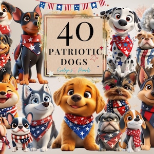 Patriotic Dog Clipart, USA Dogs with Stars and Stripes Bandanas, 4th of July Puppy Art, Red White and Blue Dog PNGs, High Quality Clipart