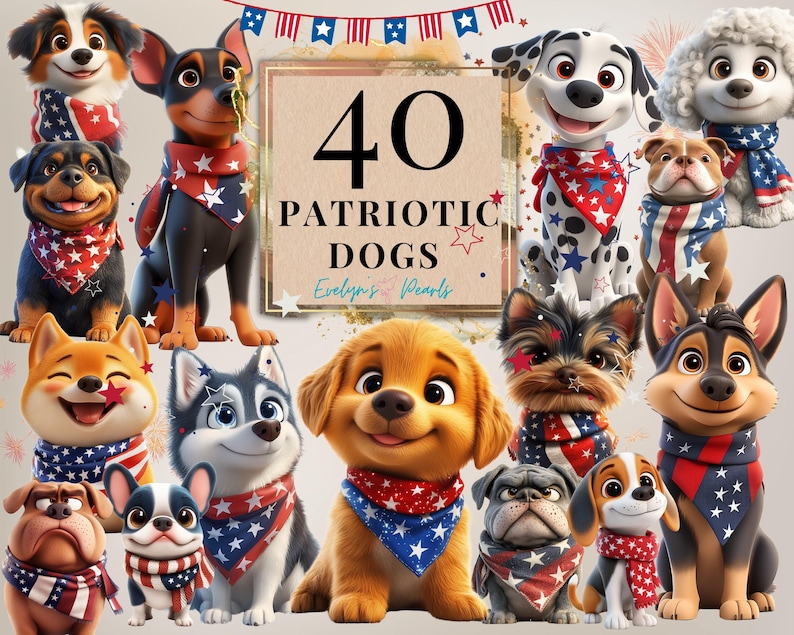 Alt Text 1:
Main promotional image showing 16 cartoon-style patriotic dogs wearing red, white, and blue bandanas with stars and stripes, set around a beige box that reads "40 Patriotic Dogs" by Evelyn’s Pearls.
