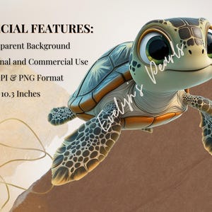 Image 2:
Close-up of a Pixar-style cartoon sea turtle in ultra-high resolution with large expressive eyes, showcasing detailed texture and a transparent background design.