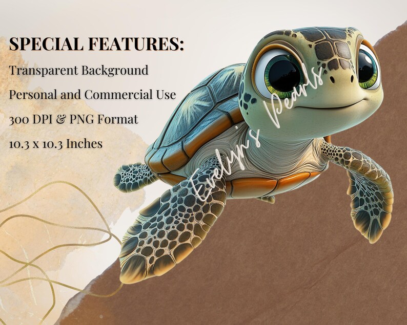 Image 2:
Close-up of a Pixar-style cartoon sea turtle in ultra-high resolution with large expressive eyes, showcasing detailed texture and a transparent background design.
