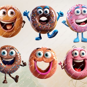 May include: Six cartoon donuts with different expressions and toppings. The donuts are brown, pink, and orange with chocolate and pink frosting and sprinkles.