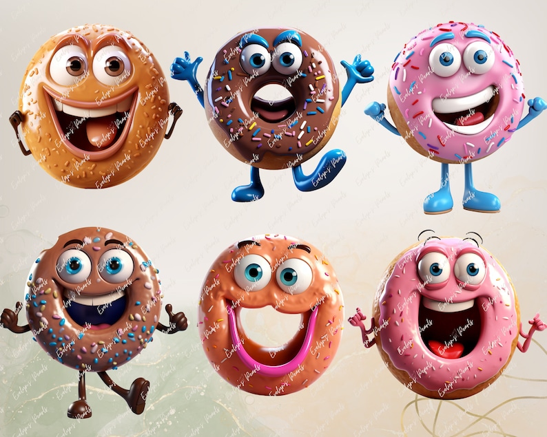 May include: Six cartoon donuts with different expressions and toppings. The donuts are brown, pink, and orange with chocolate and pink frosting and sprinkles.