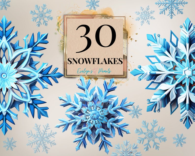 Op de afbeelding: Een digitale illustratie van 30 blauwe en witte sneeuwvlokken met ingewikkelde ontwerpen. De sneeuwvlokken zijn in een cirkelvormige opstelling op een lichtbruine achtergrond geplaatst. De tekst "30 Snowflakes" is in een bruin lettertype op een beige rechthoek geschreven.
