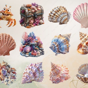 Pu&ograve; includere: Una collezione di conchiglie in vari colori e trame, tra cui una conchiglia rosa con una perla, una conchiglia blu e bianca e una conchiglia marrone e bianca. C'&egrave; anche una barriera corallina con una variet&agrave; di coralli colorati e un granchio dei cartoni animati.