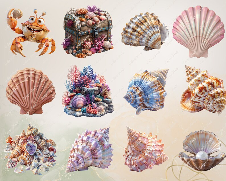 Pu&ograve; includere: Una collezione di conchiglie in vari colori e trame, tra cui una conchiglia rosa con una perla, una conchiglia blu e bianca e una conchiglia marrone e bianca. C'&egrave; anche una barriera corallina con una variet&agrave; di coralli colorati e un granchio dei cartoni animati.