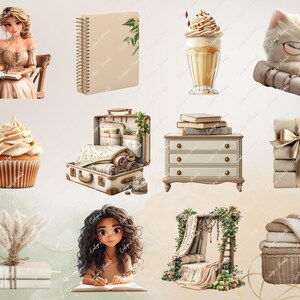 May include: A collection of digital illustrations featuring a variety of objects, including a woman in a dress, a cupcake, a suitcase, a dresser, a stack of books, a cat, a coffee drink, a pile of blankets, a plant, and a book. The illustrations are in a soft, muted color palette and have a whimsical, fairytale-like aesthetic.