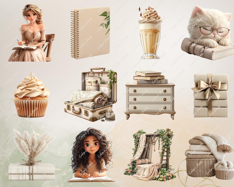 May include: A collection of digital illustrations featuring a variety of objects, including a woman in a dress, a cupcake, a suitcase, a dresser, a stack of books, a cat, a coffee drink, a pile of blankets, a plant, and a book. The illustrations are in a soft, muted color palette and have a whimsical, fairytale-like aesthetic.
