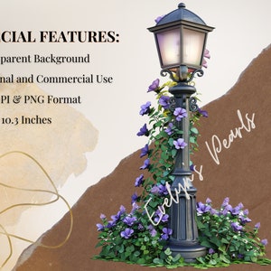 May include: A decorative black lamppost adorned with purple flowers and green foliage. The lamppost has a square top with a light. The image includes the text "Evelyn's Pearls" and "10.3 x 10.3 Inches".