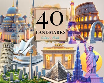 Op de afbeelding: Een collage van 40 beroemde bezienswaardigheden van over de hele wereld, waaronder de Eiffeltoren, het Vrijheidsbeeld, de Taj Mahal en de Grote Muur van China. De afbeelding is op een aquarel achtergrond met de tekst "40 Bezienswaardigheden" in een bruin kader.