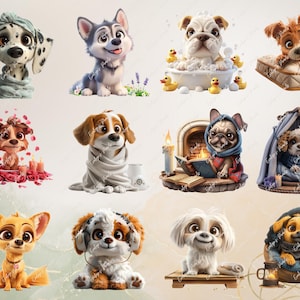 May include: A digital illustration of 10 different cartoon dogs in various poses and settings. The dogs are all in bright colors and have human-like expressions. Some of the dogs are wearing clothes, while others are in bath tubs or relaxing in their homes.