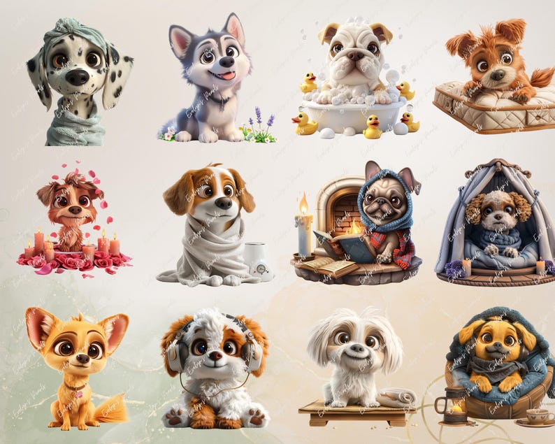 May include: A digital illustration of 10 different cartoon dogs in various poses and settings. The dogs are all in bright colors and have human-like expressions. Some of the dogs are wearing clothes, while others are in bath tubs or relaxing in their homes.