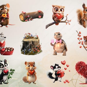 Op de afbeelding: Een verzameling schattige dierillustraties met Valentijnsdagthema's. De dieren omvatten een eekhoorn, een muis, een wolf, een schildpad, een eekhoorn, een wasbeer en een uil. De illustraties bevatten harten, bloemen en een boom met een hartvormige kroon.
