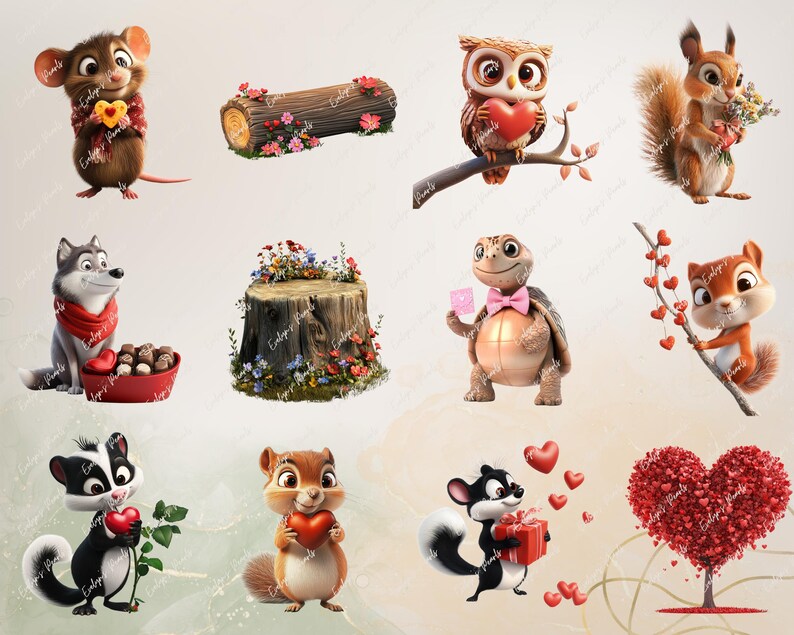 Op de afbeelding: Een verzameling schattige dierillustraties met Valentijnsdagthema's. De dieren omvatten een eekhoorn, een muis, een wolf, een schildpad, een eekhoorn, een wasbeer en een uil. De illustraties bevatten harten, bloemen en een boom met een hartvormige kroon.