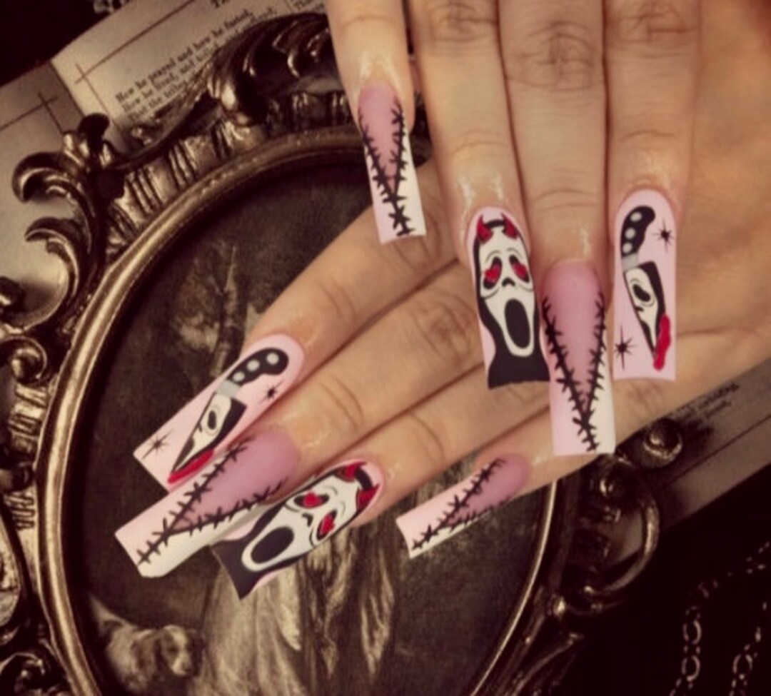 Pretty Pink Ghostface Stitch Knife Coffinshaped Fake Acrylic Etsy