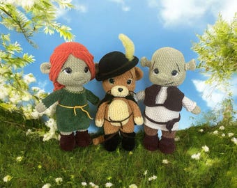 Amigurumi Shrek, Fiona & Puss in Boots: Hypoallergenic Plush Toy Set