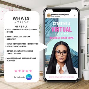 May include: A smartphone displays a digital marketing advertisement. The ad promotes starting a virtual assistant business from home. The image includes text: "Starting a Virtual Assistant Business From Home" and "Whats Inside".