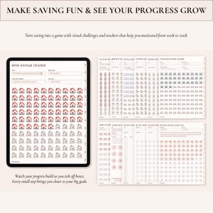 May include: A digital savings tracker displayed on a tablet screen and as a set of printable pages. The tracker features rows of house icons for home savings, alongside various other challenge sheets with icons for cars, gifts, and circles for tracking financial goals.