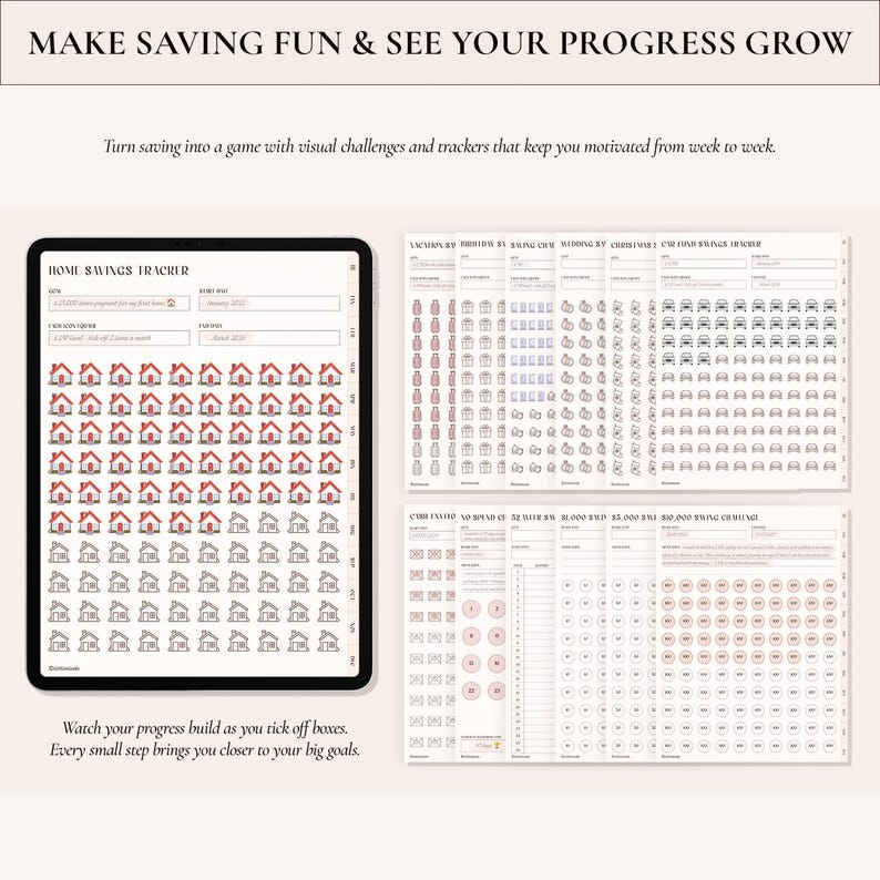 May include: A digital savings tracker displayed on a tablet screen and as a set of printable pages. The tracker features rows of house icons for home savings, alongside various other challenge sheets with icons for cars, gifts, and circles for tracking financial goals.