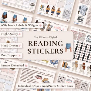 Pegatinas digitales para lectura: pegatinas estéticas para diarios de lectura para amantes de los libros y planificadores en GoodNotes y iPad.