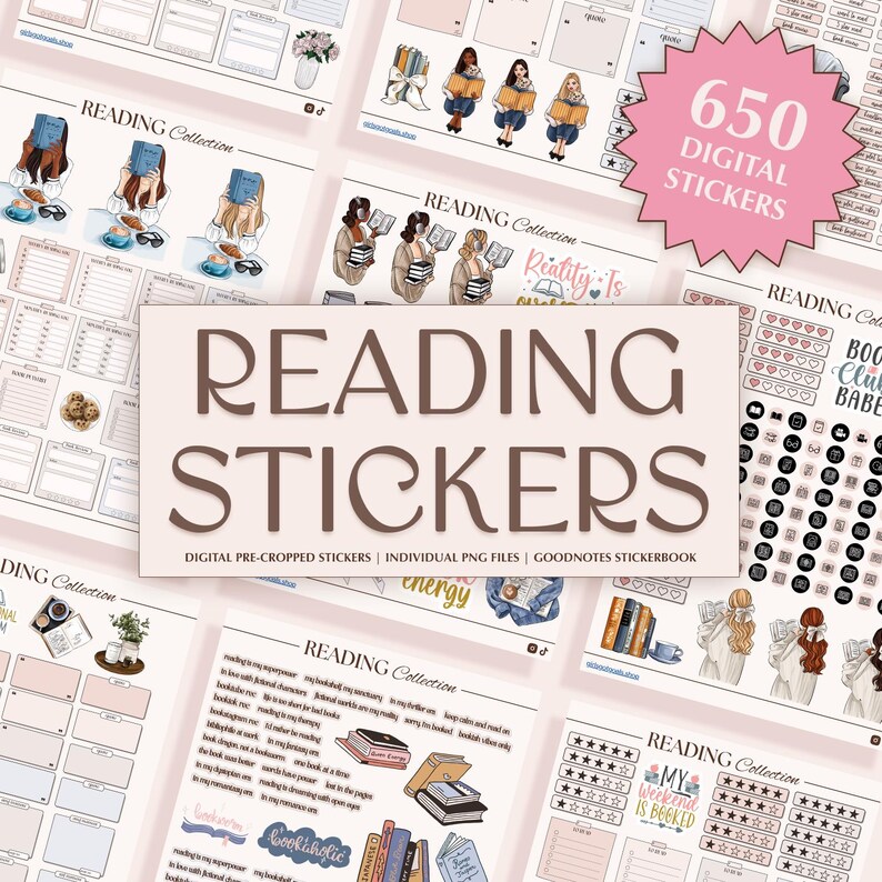 May include: A collection of digital reading stickers featuring illustrations of people reading, books, and related elements. The image includes the text "Reading Stickers" and "650 Digital Stickers". The stickers are designed for digital planners and notebooks.