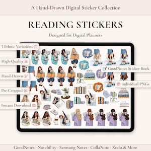 Può includere: Una collezione di adesivi digitali per planner con illustrazioni disegnate a mano di persone che leggono, pile di libri, tazze di caffè e accessori per la lettura. Il testo recita A Hand-Drawn Digital Sticker Collection, READING STICKERS e Designed for Digital Planners.