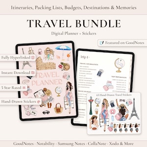 May include: A digital travel planner bundle featuring hand-drawn illustrations of travel icons, landmarks, and people. The planner includes sections for itineraries, packing lists, budgets, and memories, with text labels like Travel Bundle and 65 Hand-Drawn Travel Stickers.
