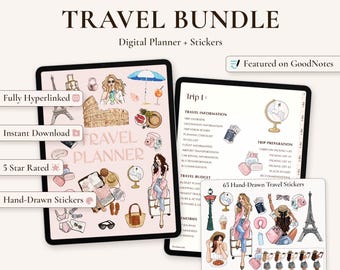 Digital Travel Planner Bundle & Stickers: Itinerary, Destinations, Budget, Packing Lists, Memories (GoodNotes, iPad, Android)