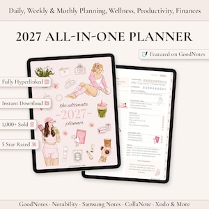 Op de afbeelding: Een digitale 2027 all-in-one planner weergegeven op twee tablets. De cover bevat illustraties van een persoon in roze loungewear, schoonheidsproducten en drankjes. De binnenpagina toont dagelijkse planningssecties voor slaap, hydratatie en maaltijden.