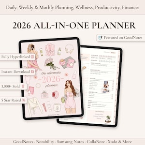 Può includere: Un'agenda digitale 2026 tutto in uno visualizzata su due tablet. La copertina presenta illustrazioni di una persona, un accappatoio, fiori, profumo e una candela. La pagina interna mostra sezioni di pianificazione giornaliera per sonno e impegni.