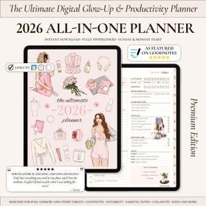 May include: A digital planner for 2026, displayed on a tablet, with a pink and white theme. The planner includes sections for productivity, self-care, and goal setting. The cover features illustrations of beauty products and a woman in pink pajamas.
