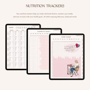 K&ouml;nnte beinhalten: Drei digitale Tablets mit Vorlagen f&uuml;r Ern&auml;hrungstracker. Die Bildschirme zeigen Tabellen f&uuml;r Makros, Intervallfasten und Kalorienz&auml;hlung mit Rasterlayouts, Monats&uuml;berschriften und einer Illustration einer Person an einem Tisch.