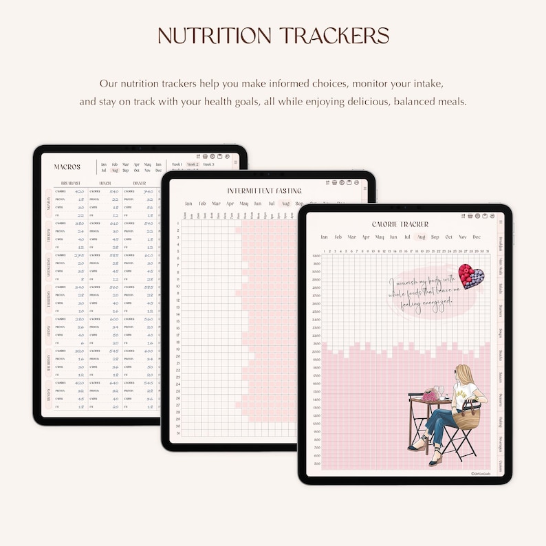 K&ouml;nnte beinhalten: Drei digitale Tablets mit Vorlagen f&uuml;r Ern&auml;hrungstracker. Die Bildschirme zeigen Tabellen f&uuml;r Makros, Intervallfasten und Kalorienz&auml;hlung mit Rasterlayouts, Monats&uuml;berschriften und einer Illustration einer Person an einem Tisch.