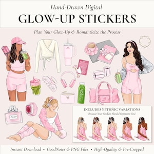 Può includere: Adesivi digitali a tema glow-up, con illustrazioni di articoli per il fitness, prodotti di bellezza e accessori moda in tonalità rosa. Il testo recita "GLOW-UP STICKERS" e "Plan Your Glow-Up & Romanticize the Process."