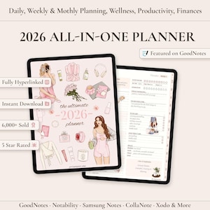 Planejador digital completo com hiperlinks para 2026, compatível com GoodNotes e iPad.