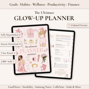 Può includere: Un'agenda digitale intitolata The Ultimate GLOW-UP PLANNER in versione non datata. La copertina presenta illustrazioni di una persona, prodotti per la cura della pelle, una kettlebell e fiori. La pagina interna mostra sezioni per il sonno.